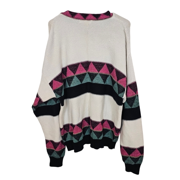 Vintage Oversized 3D Pink & Teal Geometric Print Knit Grandpa Sweater - Picture 2 of 7